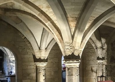 Collapsed Undercroft: medieval pillars restored using old and new stone